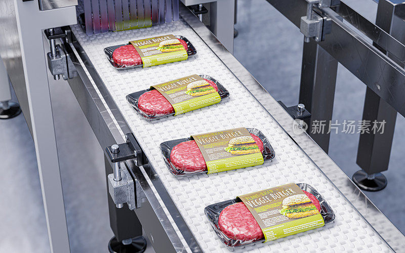 传送带在工厂的现成植物为基础的素食汉堡肉排-一个现代生态现代工厂- 3d插图